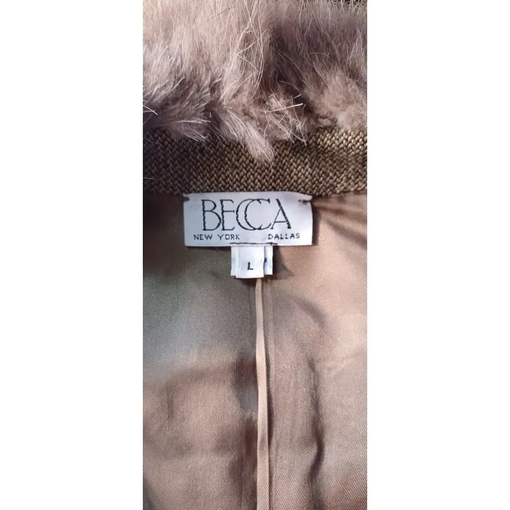 VTG 60s/70s Becca Wool Tweed Jacket Large Brown Coat with Fur Collar - Picture 6 of 9